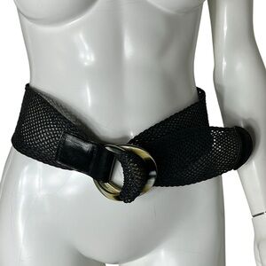 VTG Carlisle Black Woven Textile Webbing Belt Faux Tortoise Shell D-Ring Medium